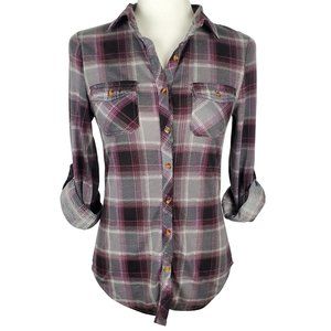Passport Plaid Button Down Roll Tab Sleeve Shirt Women's Small B1324